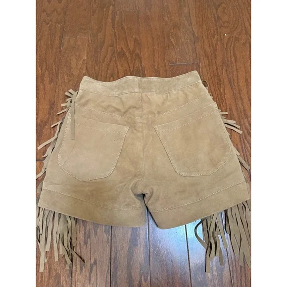 Maje Izmir Tan Suede Fringe Western Festival Shorts High Waisted Boho Tan  s 25 - Picture 4 of 5